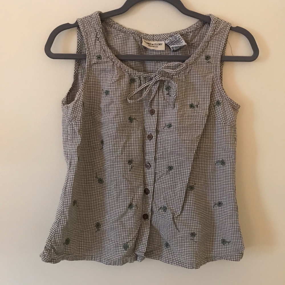 Vintage Faded Glory Gingham Floral Embroidered Tank Top